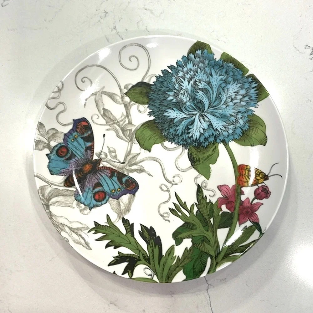 Pier 1 Imports SET of 8 Floral Melamine Salad Plates Butterfly Cottage Garden